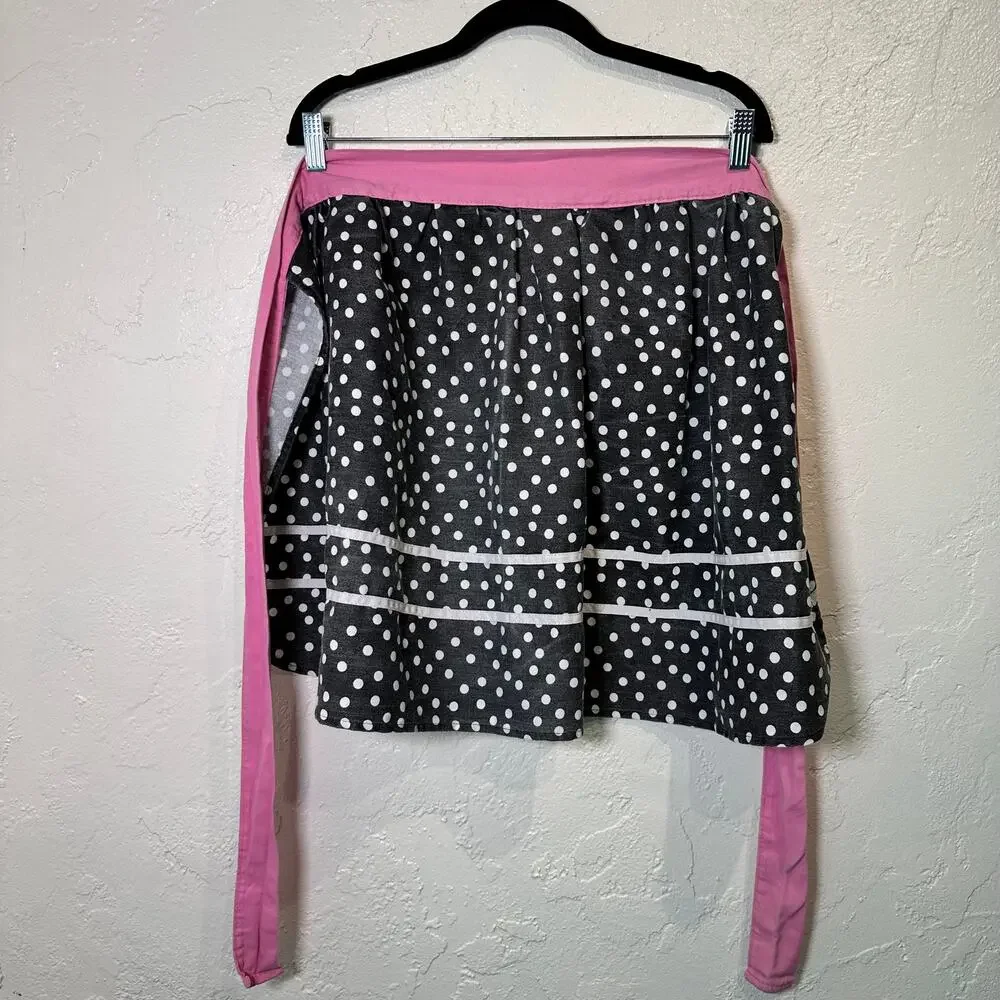 Polka Dot Half Apron Black White Pink Retro Cottage